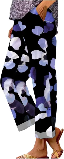 Women's Casual Boho Floral Printed Cotton Linen Pant Elastic Waisted Drawstring Summer Beach Baggy Capri with Pockets