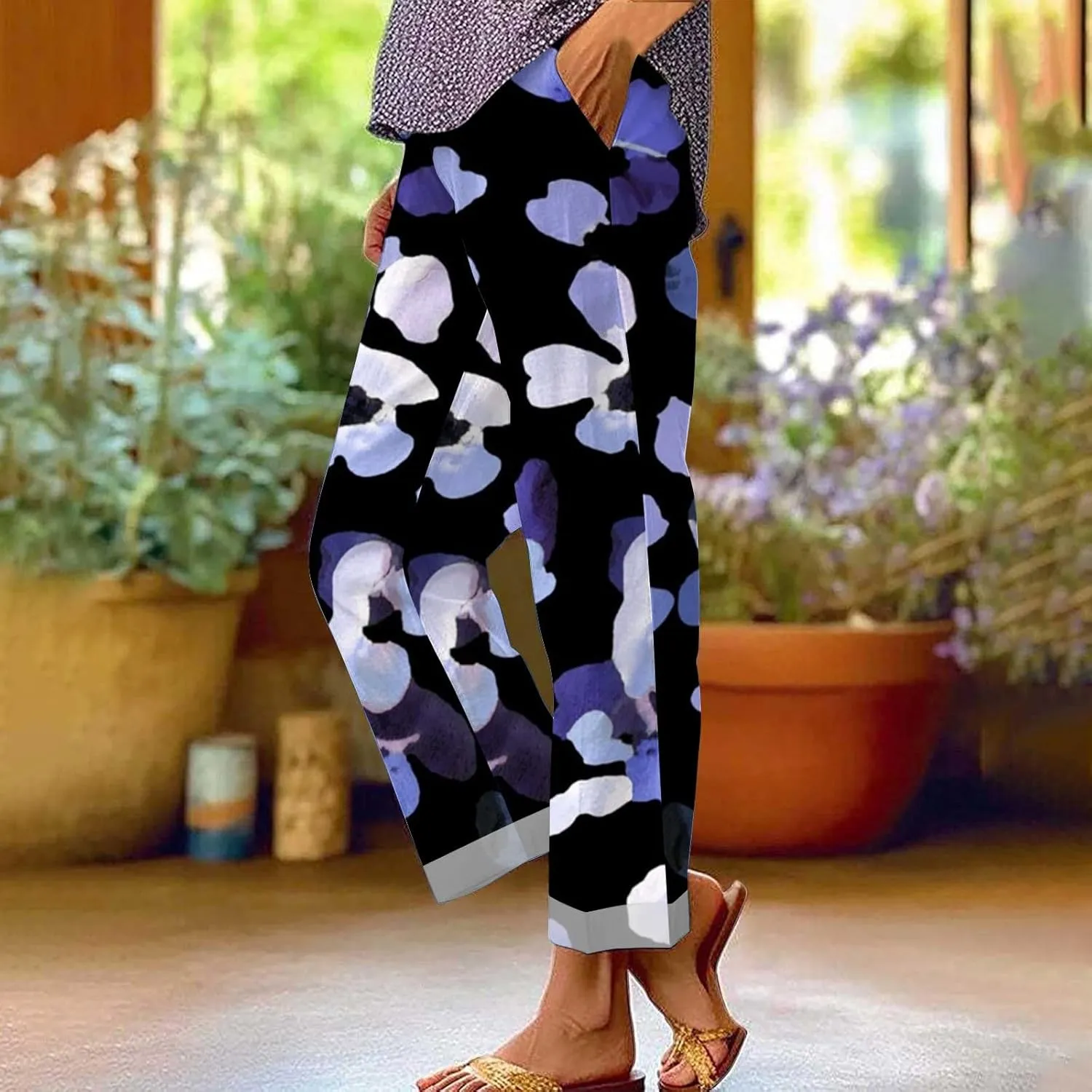 Women's Casual Boho Floral Printed Cotton Linen Pant Elastic Waisted Drawstring Summer Beach Baggy Capri with Pockets