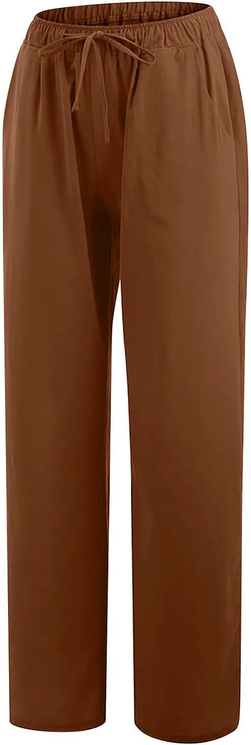 Women's Cotton Linen Palazzo Pants Drawstring Wide Leg Trousers High Waist Lightweight Pant Beach Vacation Clothes