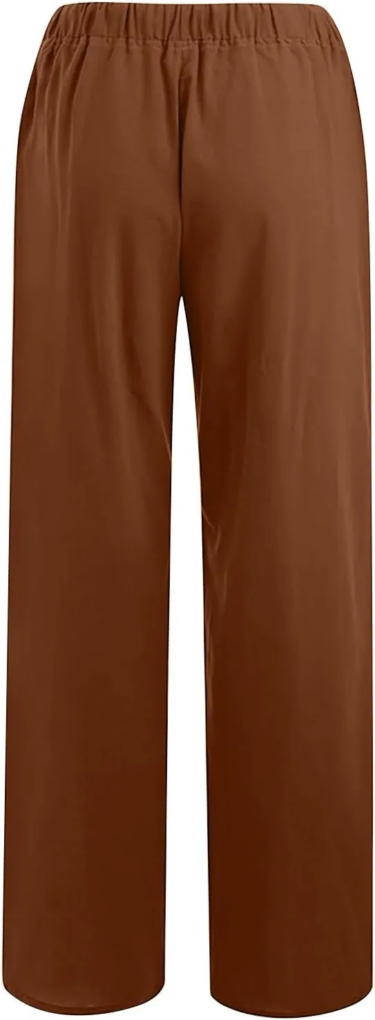 Women's Cotton Linen Palazzo Pants Drawstring Wide Leg Trousers High Waist Lightweight Pant Beach Vacation Clothes
