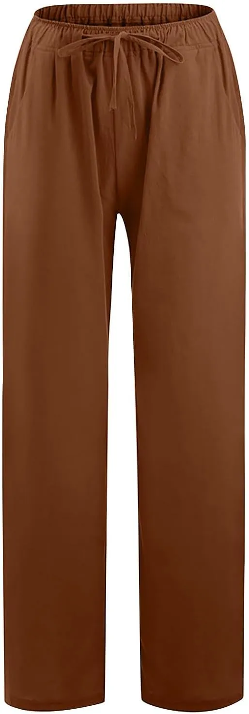 Women's Cotton Linen Palazzo Pants Drawstring Wide Leg Trousers High Waist Lightweight Pant Beach Vacation Clothes