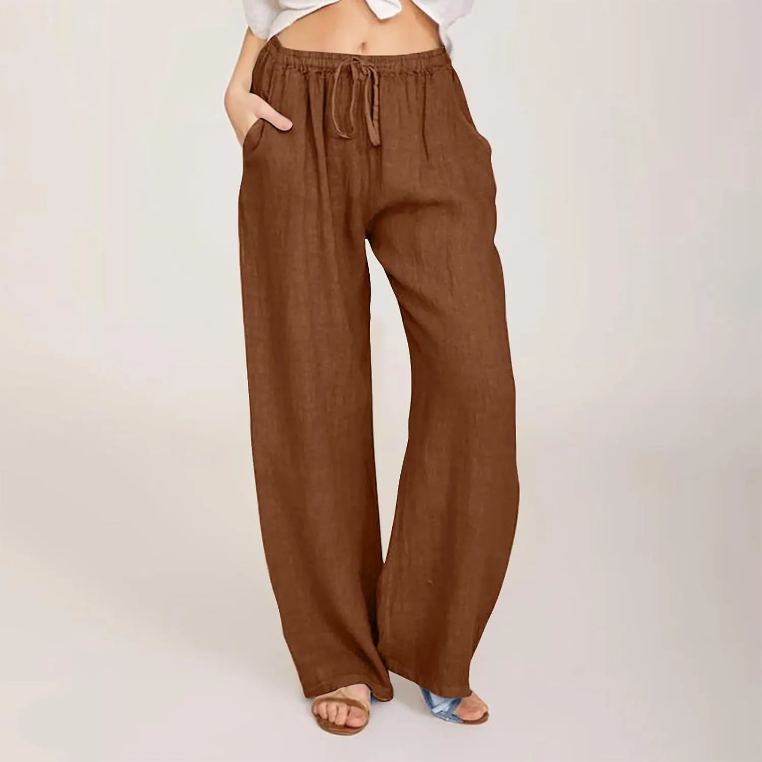 Women's Cotton Linen Palazzo Pants Drawstring Wide Leg Trousers High Waist Lightweight Pant Beach Vacation Clothes