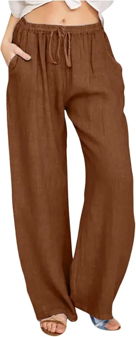 Women's Cotton Linen Palazzo Pants Drawstring Wide Leg Trousers High Waist Lightweight Pant Beach Vacation Clothes