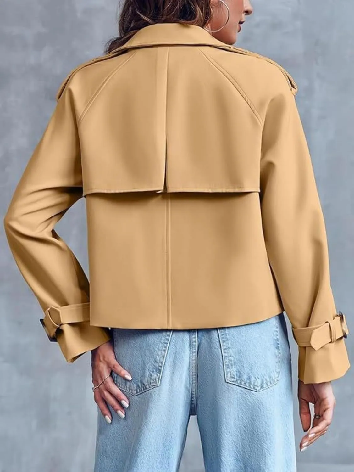 Womens Cropped Trench Coat, Casual Double Breasted Short Jacket,Fall Spring Work Office, Notched Lapel Cropped