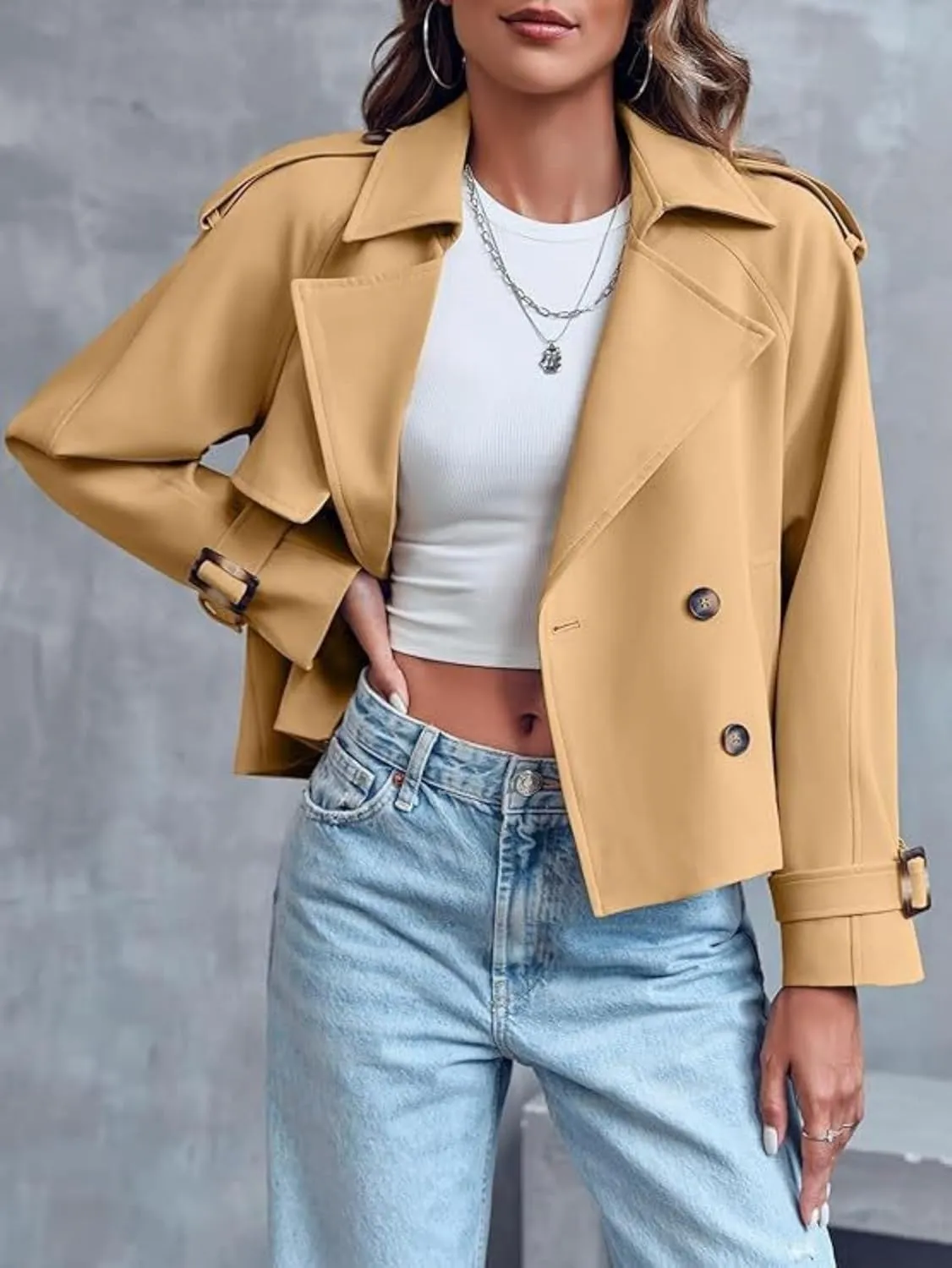 Womens Cropped Trench Coat, Casual Double Breasted Short Jacket,Fall Spring Work Office, Notched Lapel Cropped