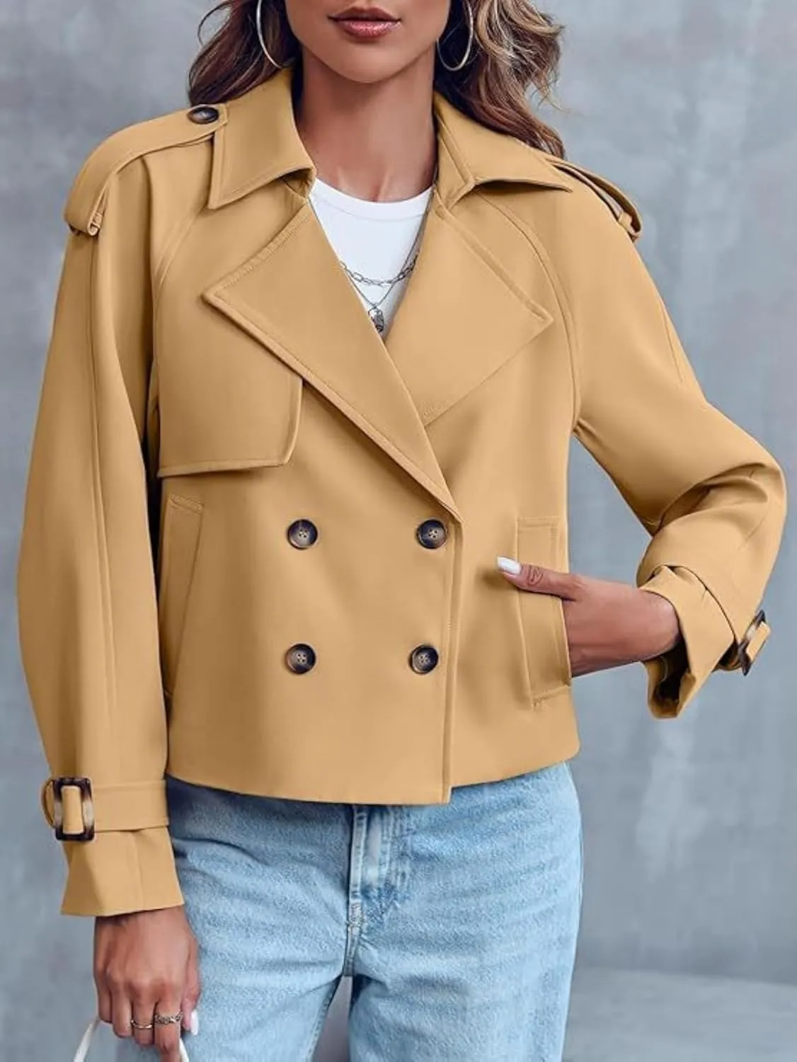 Womens Cropped Trench Coat, Casual Double Breasted Short Jacket,Fall Spring Work Office, Notched Lapel Cropped