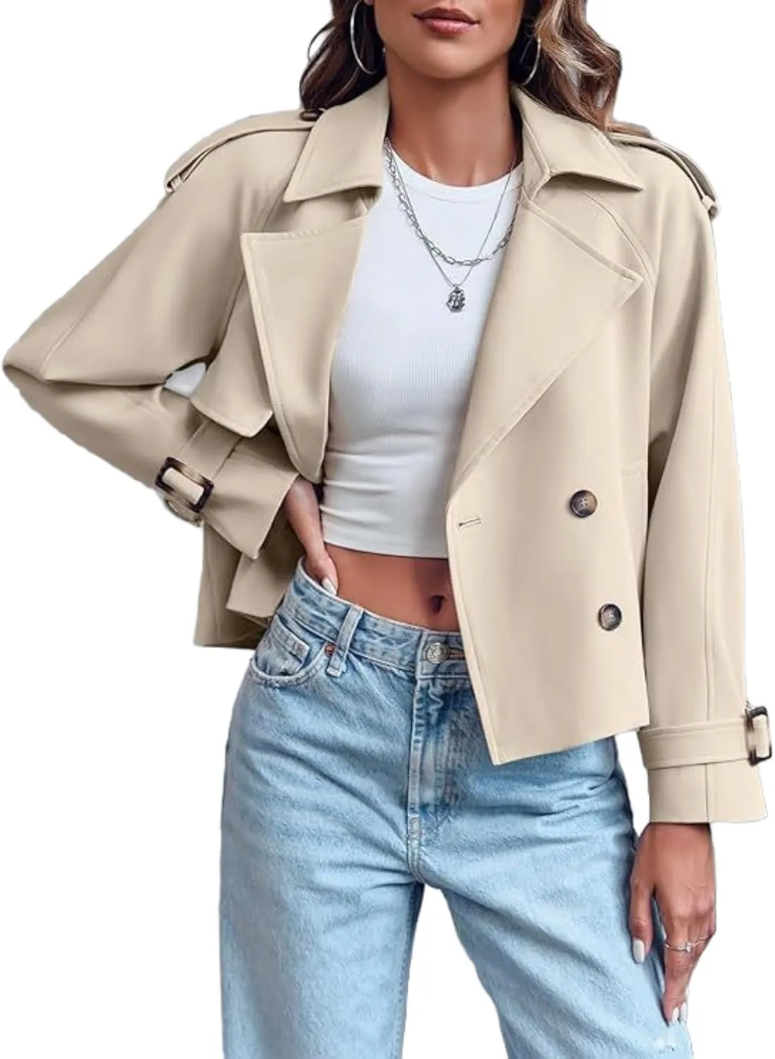 Womens Cropped Trench Coat, Casual Double Breasted Short Jacket,Fall Spring Work Office, Notched Lapel Cropped