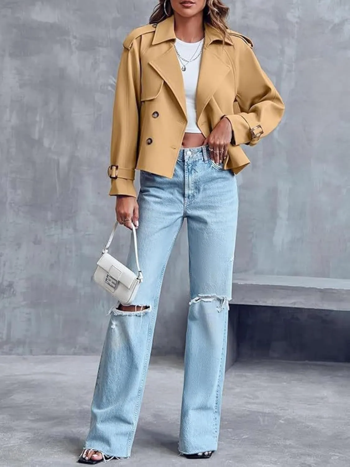 Womens Cropped Trench Coat, Casual Double Breasted Short Jacket,Fall Spring Work Office, Notched Lapel Cropped