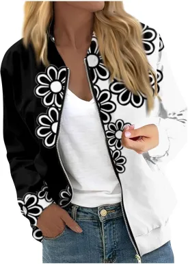 Women's Floral Print Bomber Jacket Cropped Jacket Long Sleeve Zipper Up Party Club Jacket Windbreaker Outerwear