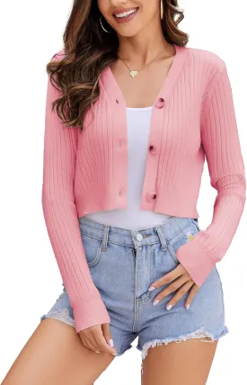 Women's Long Sleeve Cropped Cardigan Sweaters V Neck Solid Button Down Knit Bolero Shrugs Women's Long Sleeve Cropped Cardigan Sweaters V Neck Solid Button Down Knit Bolero Shrugs