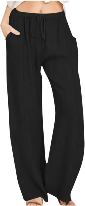 Womens Palazzo Pants Casual Flowy Linen Wide Leg Pants Drawstring Elastic Waisted Summer Beach Trousers with Pockets