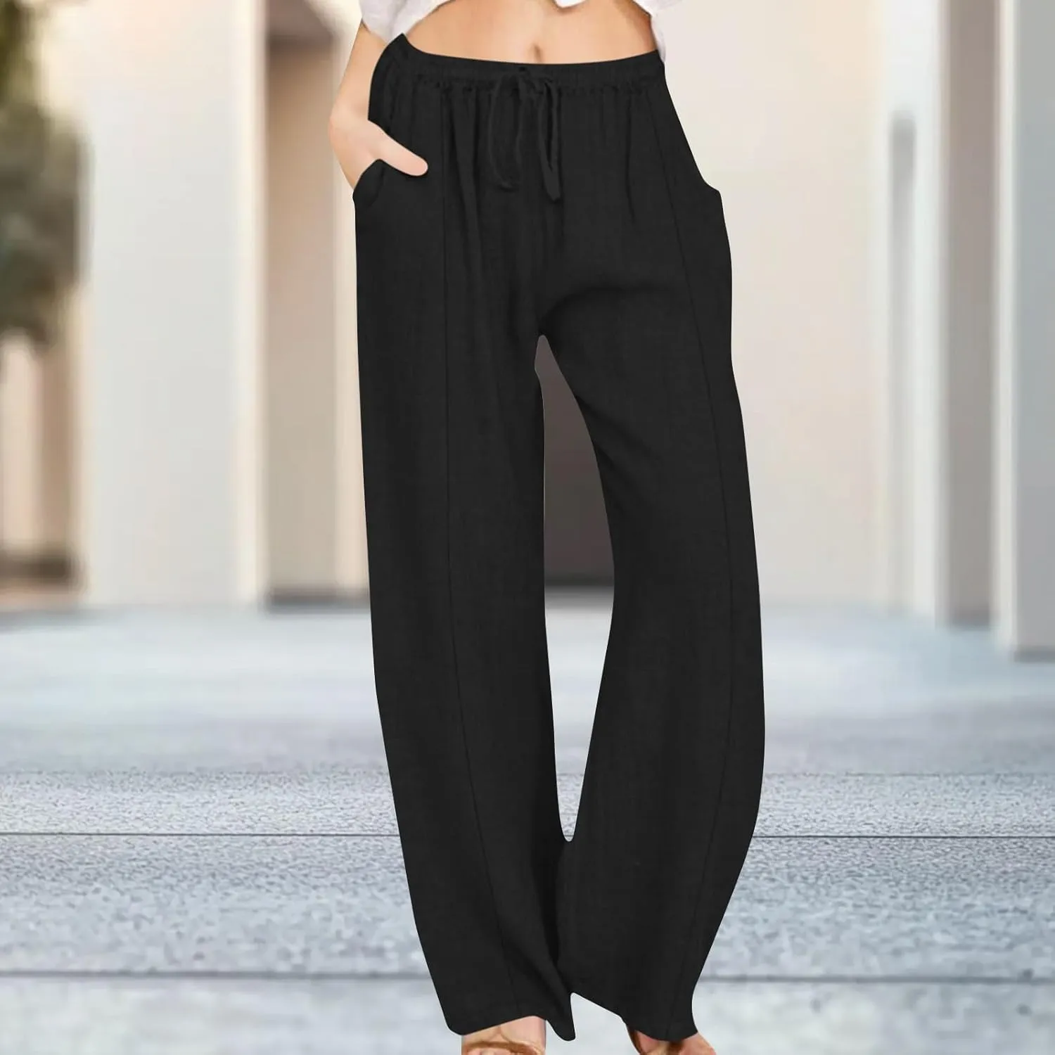 Womens Palazzo Pants Casual Flowy Linen Wide Leg Pants Drawstring Elastic Waisted Summer Beach Trousers with Pockets
