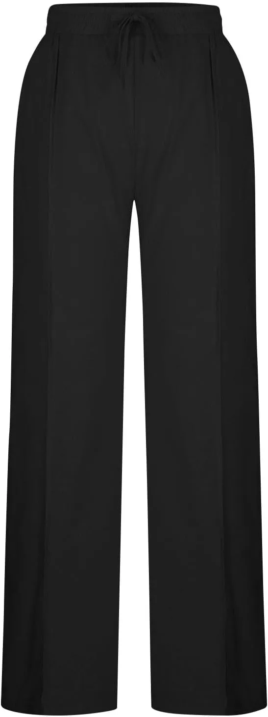 Womens Palazzo Pants Casual Flowy Linen Wide Leg Pants Drawstring Elastic Waisted Summer Beach Trousers with Pockets
