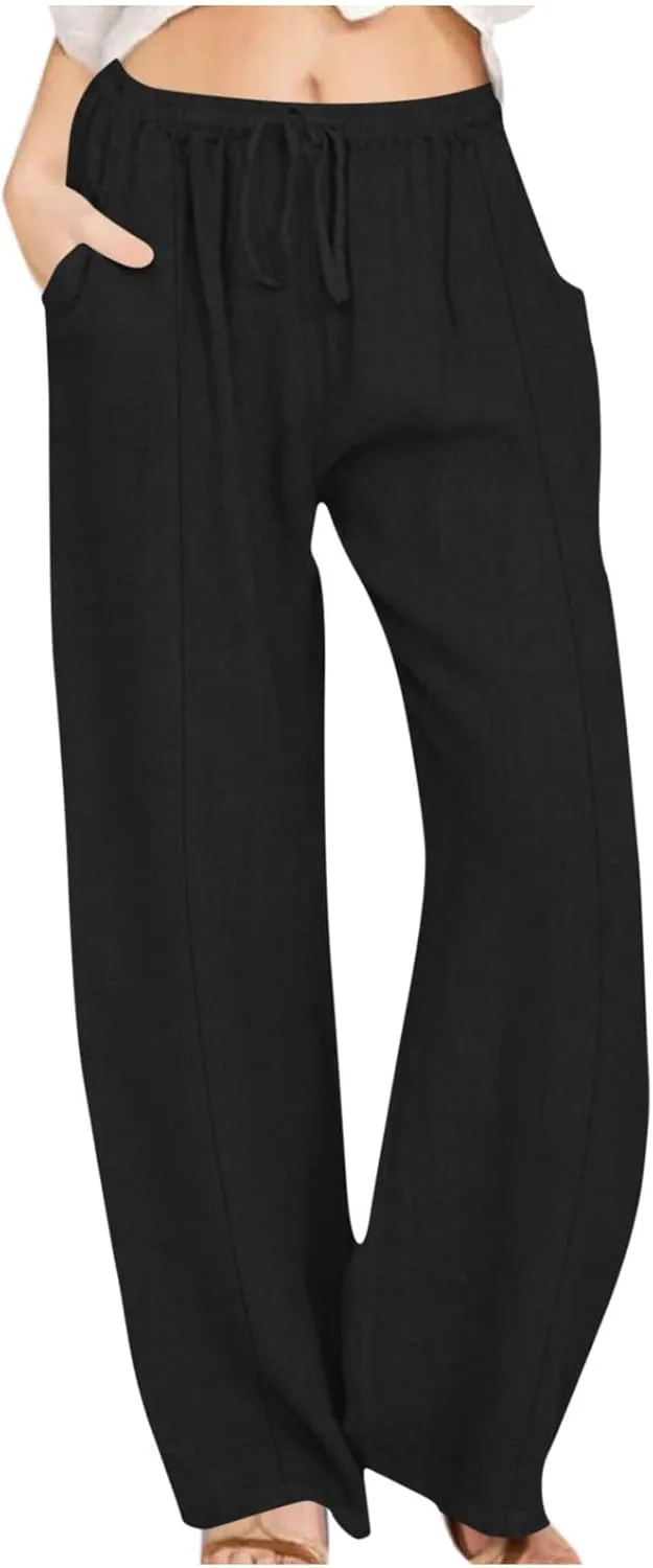 Womens Palazzo Pants Casual Flowy Linen Wide Leg Pants Drawstring Elastic Waisted Summer Beach Trousers with Pockets