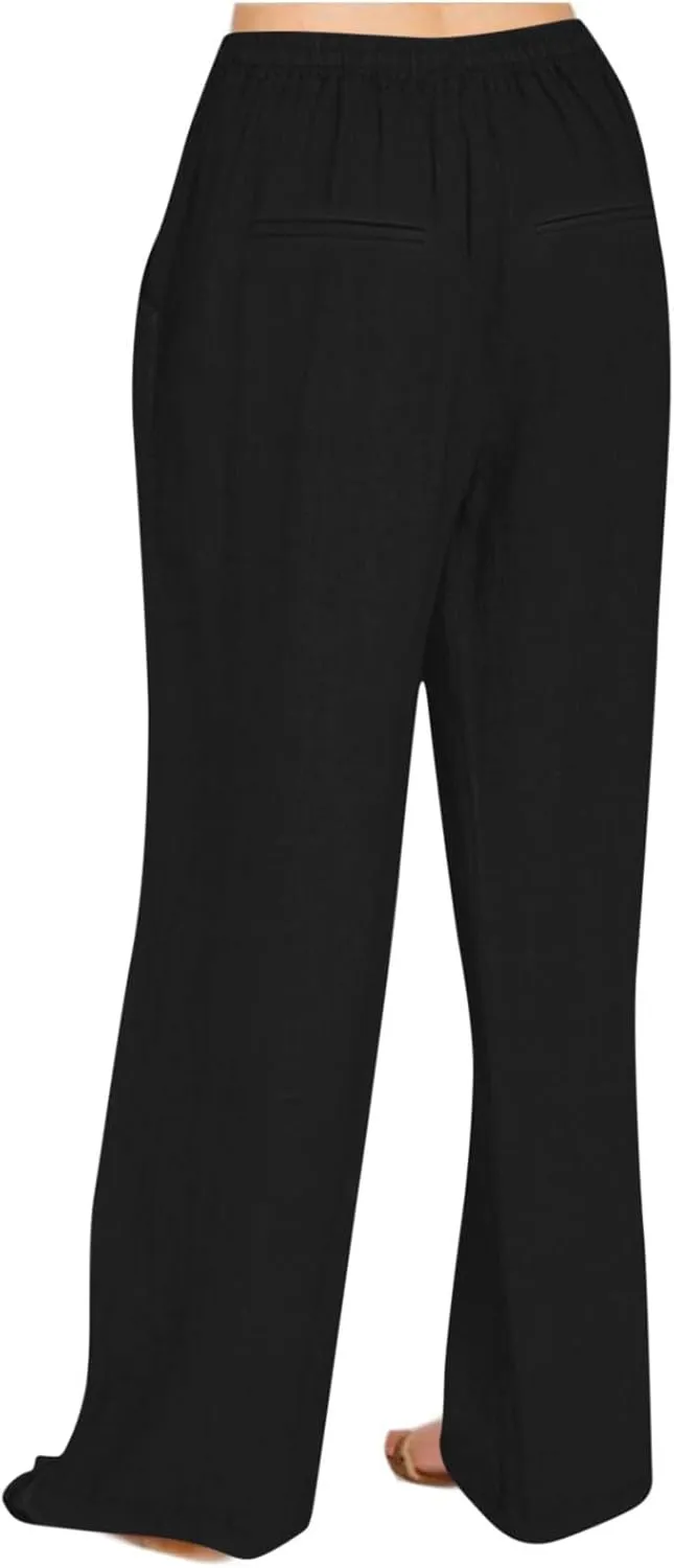 Womens Palazzo Pants Casual Flowy Linen Wide Leg Pants Drawstring Elastic Waisted Summer Beach Trousers with Pockets