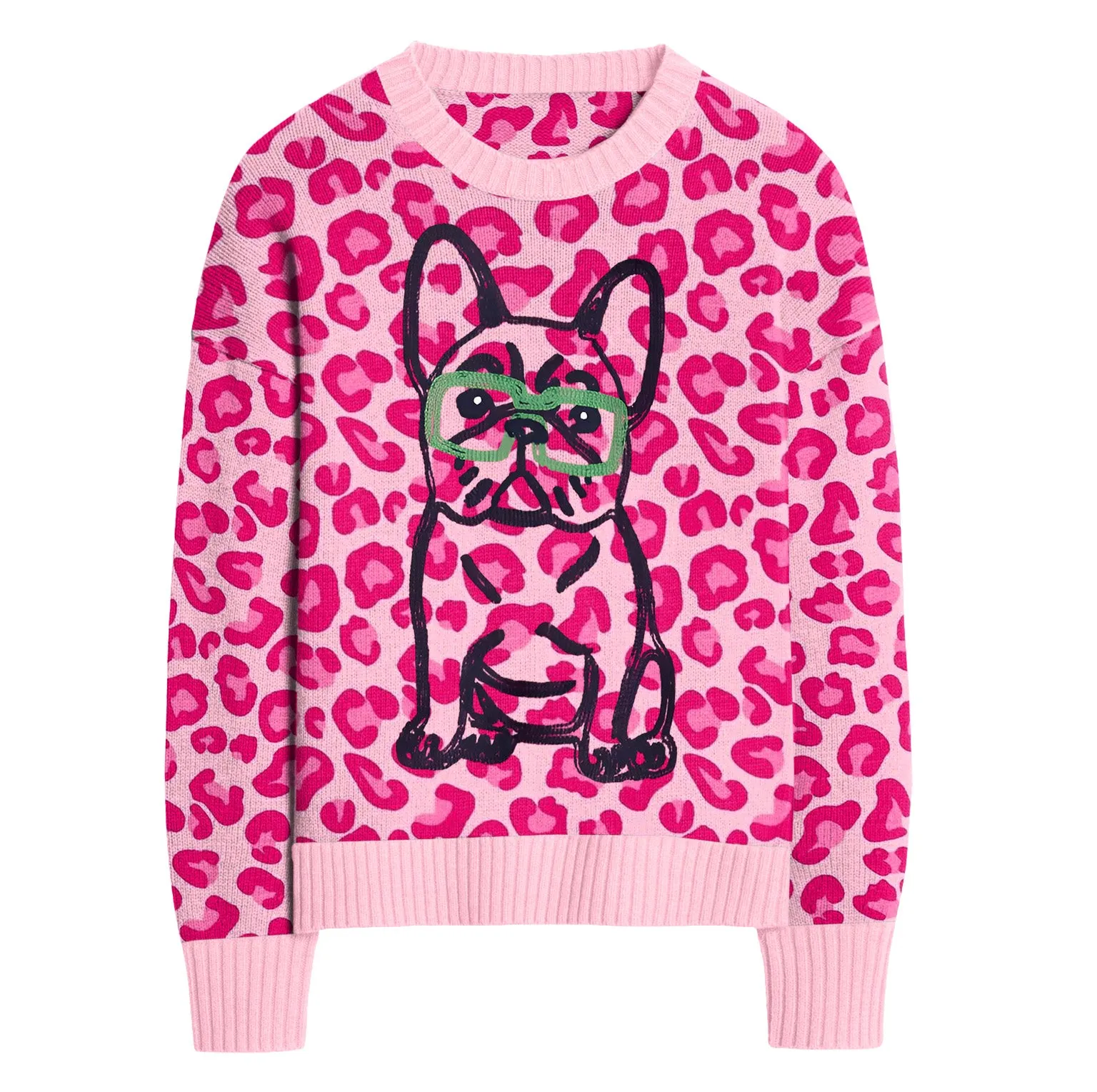 Women's pink leopard print French bulldog sweater
