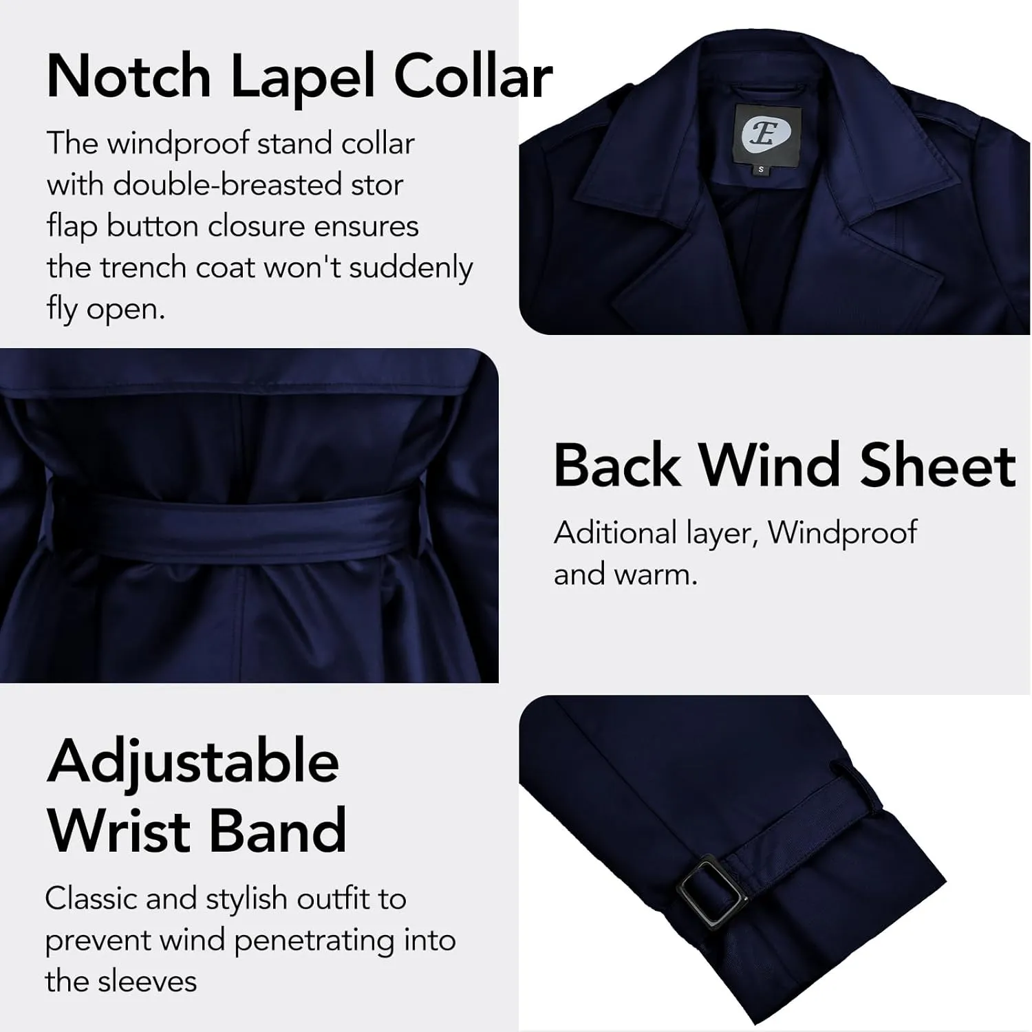 Women's Windproof Double-Breasted Trench Coat Knee-Length Trench Jacket Water-Repellent Outwear with Removable Hood