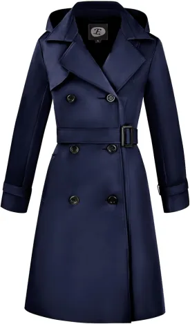 Women's Windproof Double-Breasted Trench Coat Knee-Length Trench Jacket Water-Repellent Outwear with Removable Hood