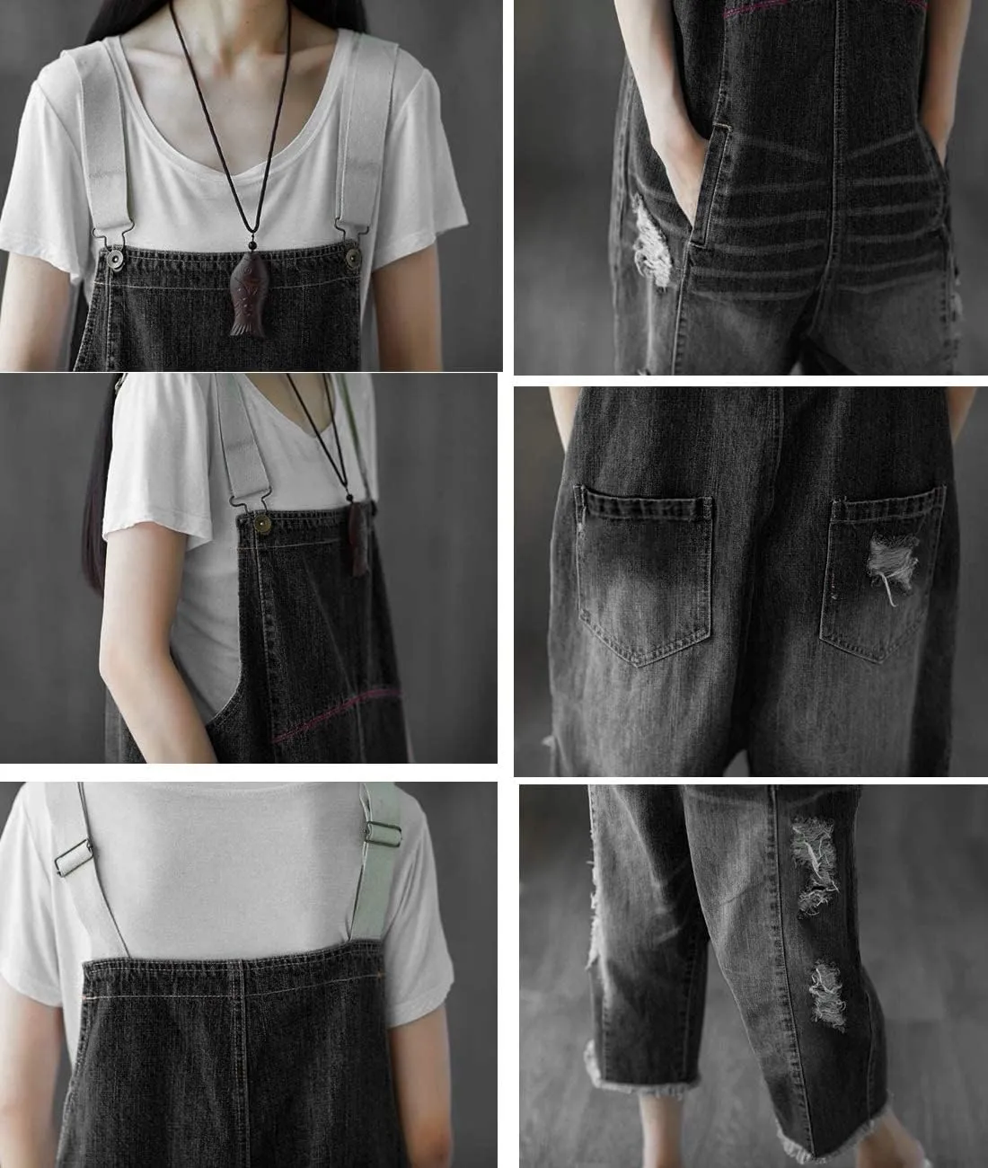 YESNO Women Casual Loose Cropped Denim Jumpsuits Rompers Jeans Overalls Distressed Ripped Fringed/Pockets P49