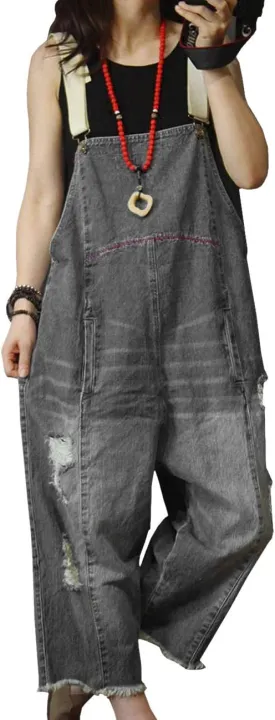 YESNO Women Casual Loose Cropped Denim Jumpsuits Rompers Jeans Overalls Distressed Ripped Fringed/Pockets P49