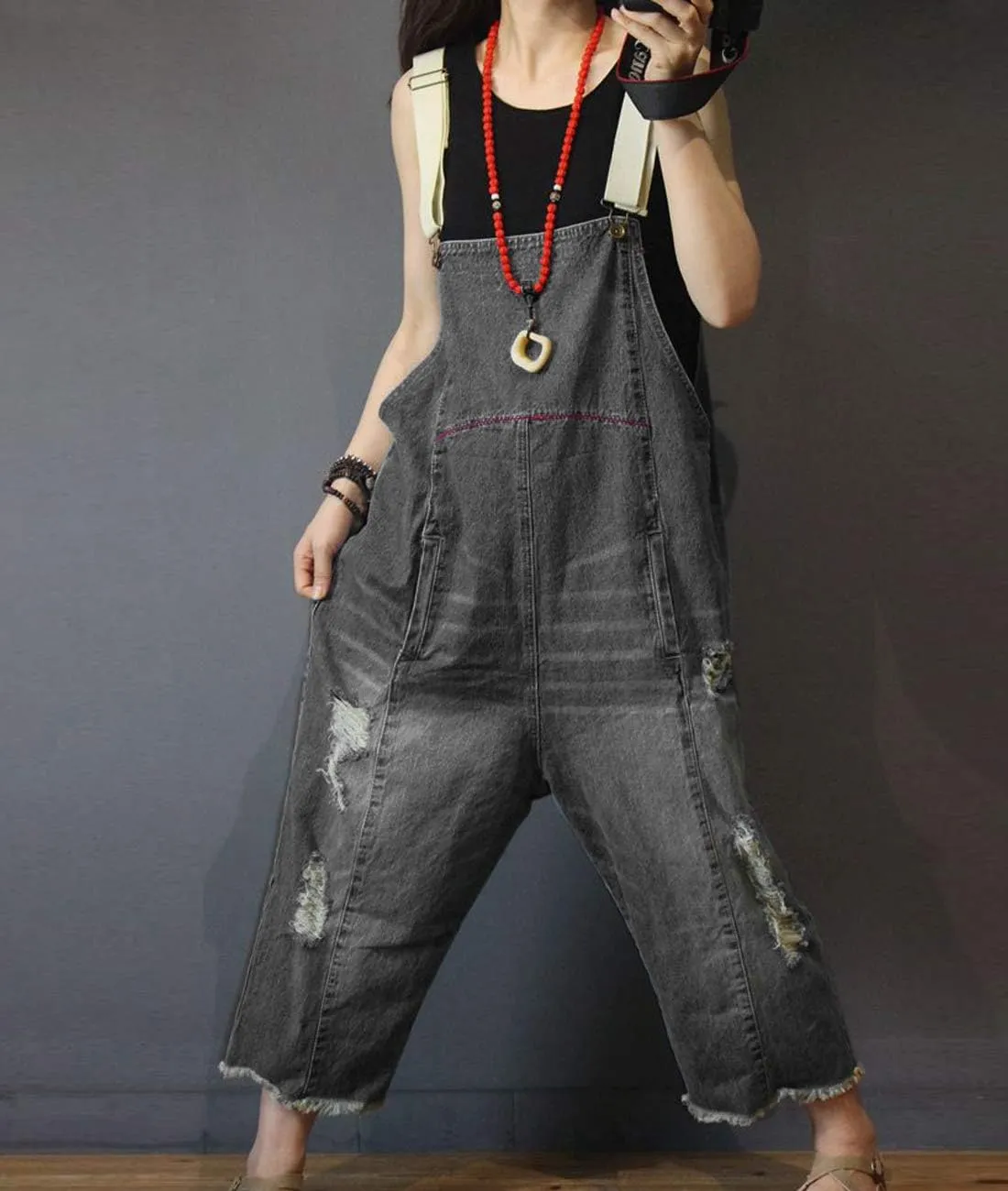 YESNO Women Casual Loose Cropped Denim Jumpsuits Rompers Jeans Overalls Distressed Ripped Fringed/Pockets P49