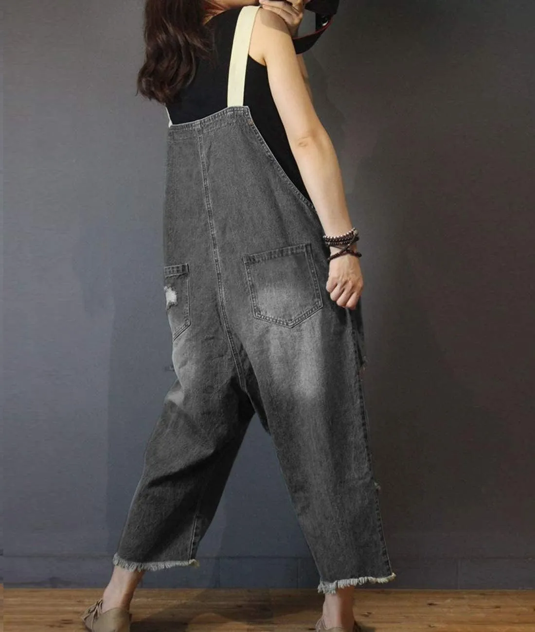 YESNO Women Casual Loose Cropped Denim Jumpsuits Rompers Jeans Overalls Distressed Ripped Fringed/Pockets P49
