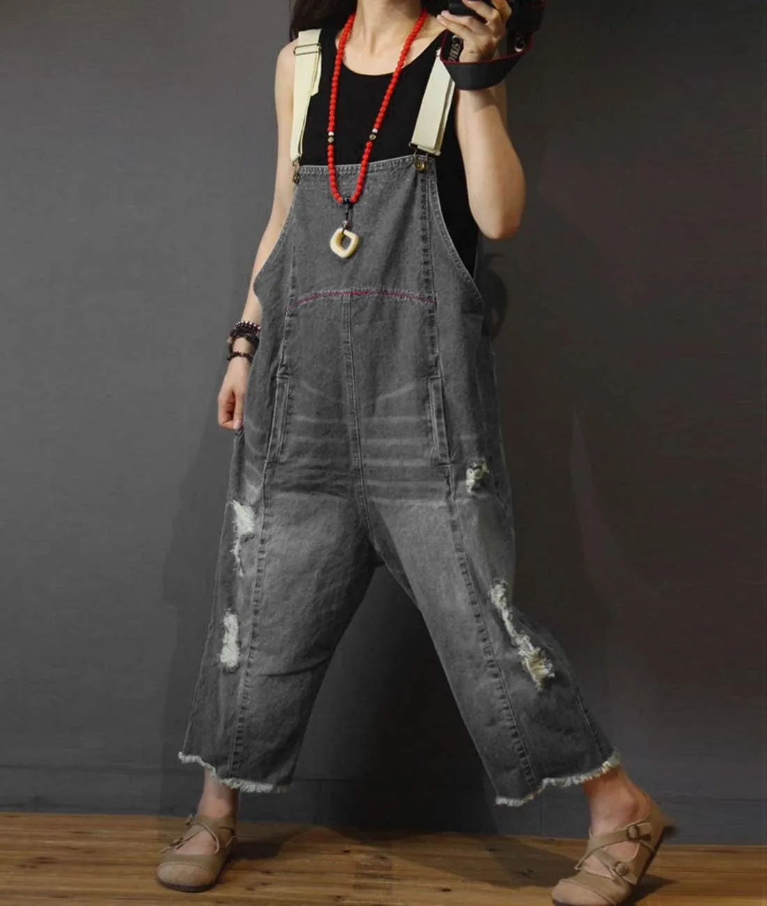 YESNO Women Casual Loose Cropped Denim Jumpsuits Rompers Jeans Overalls Distressed Ripped Fringed/Pockets P49