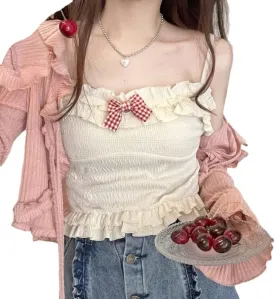 ZITEZHGO Women Kawaii Ribbon Pink Summer Sleeveless Ruffle Strap Tie Neck Cute Cami Tank Top Blouse