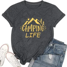 ZXCAHPT Camping Life T Shirt Women Camping Hiking Shirt Mountain Tees for Women Summer Outdoor Graphic Tees Travel Shirt
