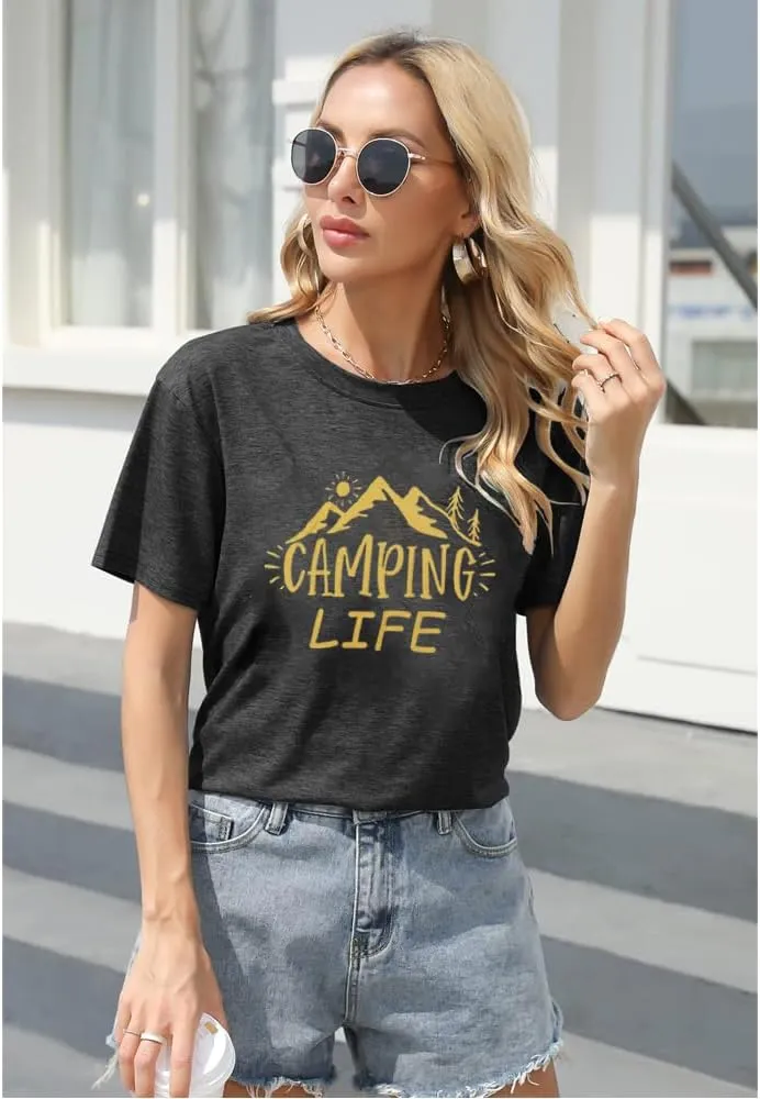 ZXCAHPT Camping Life T Shirt Women Camping Hiking Shirt Mountain Tees for Women Summer Outdoor Graphic Tees Travel Shirt